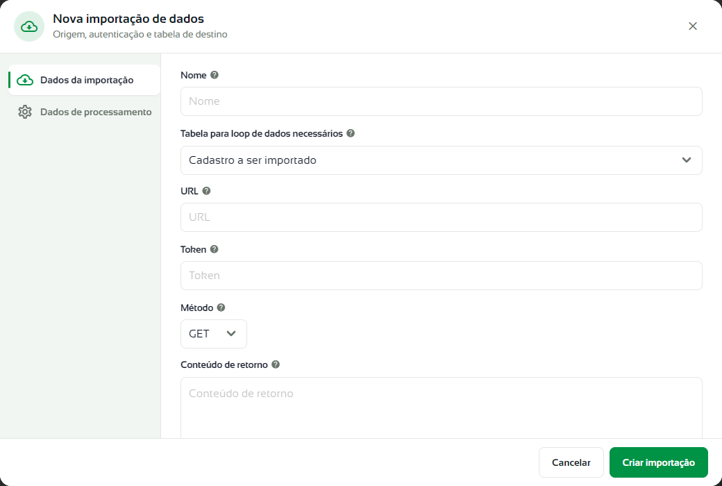Aba Dados da importação
