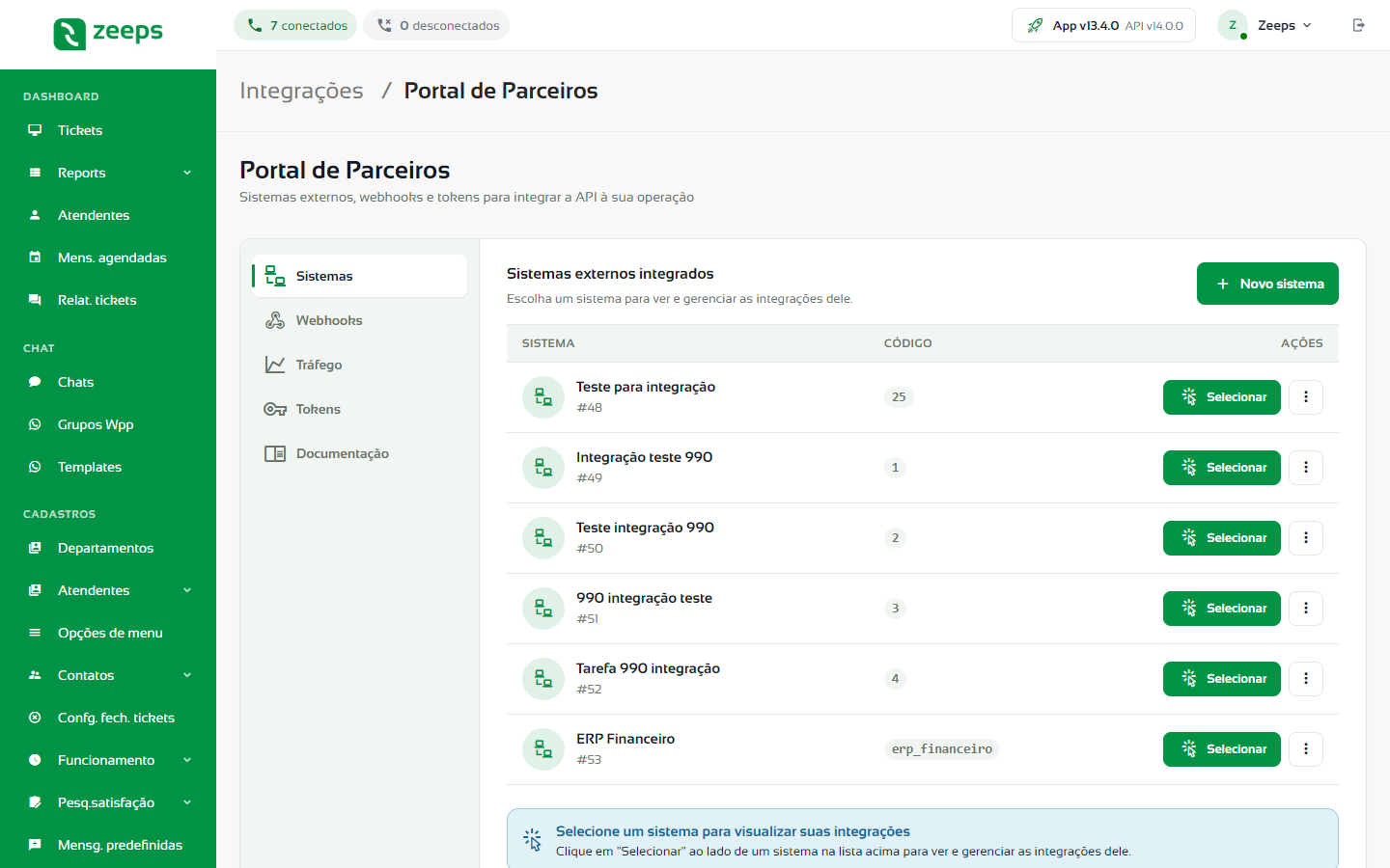 Portal de Parceiros com as abas Sistemas, Webhooks, Tráfego, Tokens e Documentação