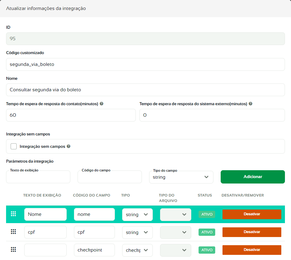 Janela Atualizar informações da integração com os parâmetros