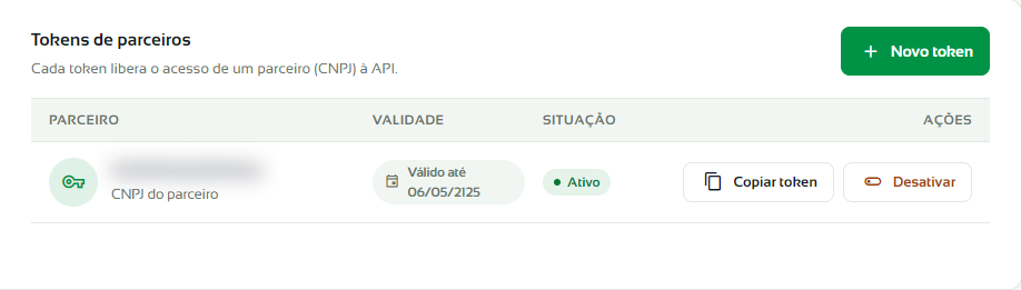Aba Tokens de parceiros com a lista de tokens