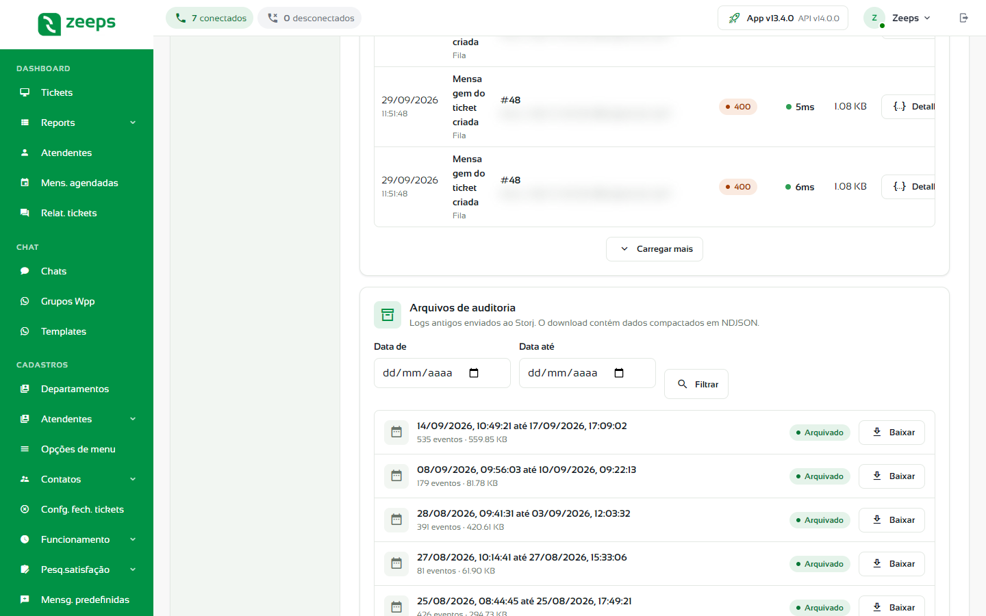 Lista de envios e Arquivos de auditoria
