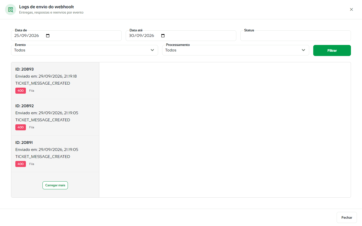 Janela Logs de envio do webhook com os filtros e a lista de envios