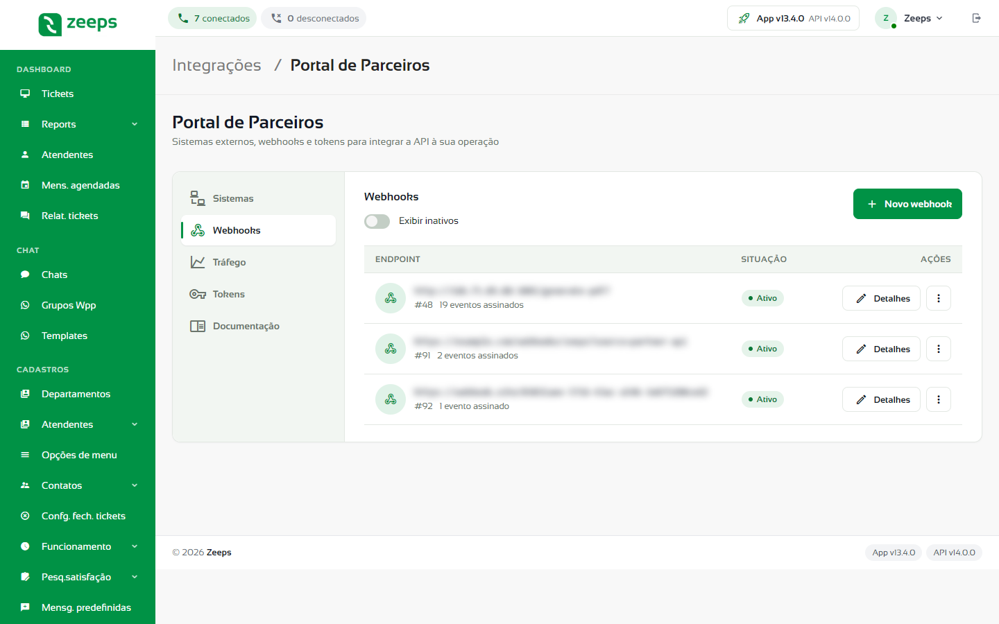 Aba Webhooks do Portal de Parceiros com a lista de webhooks